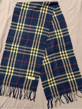 Burberry Navy Plaid Scarf with Yellow and Red Stripes